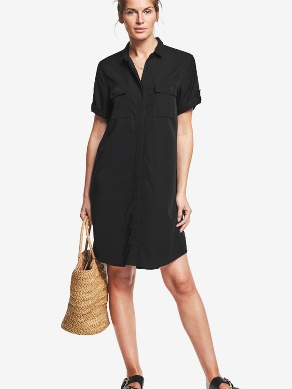 ellos Linen-Blend Button-Front Collared Shirtdress